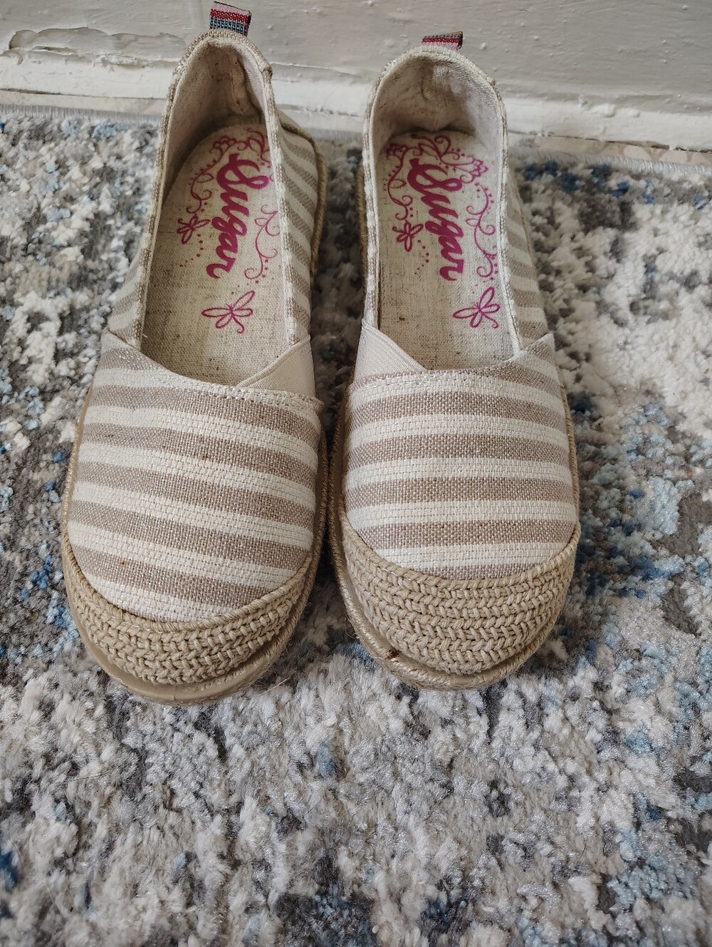 Sugar Beige and White Striped Espadrille Flats